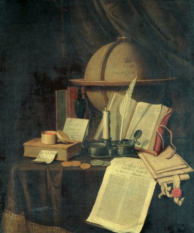 Omnia Vanitas: a Terrestrial Globe, a Caviole, Coins, and a Copy of the London Gazette for 13th July 1691 by Edwaert Colyer or Collier